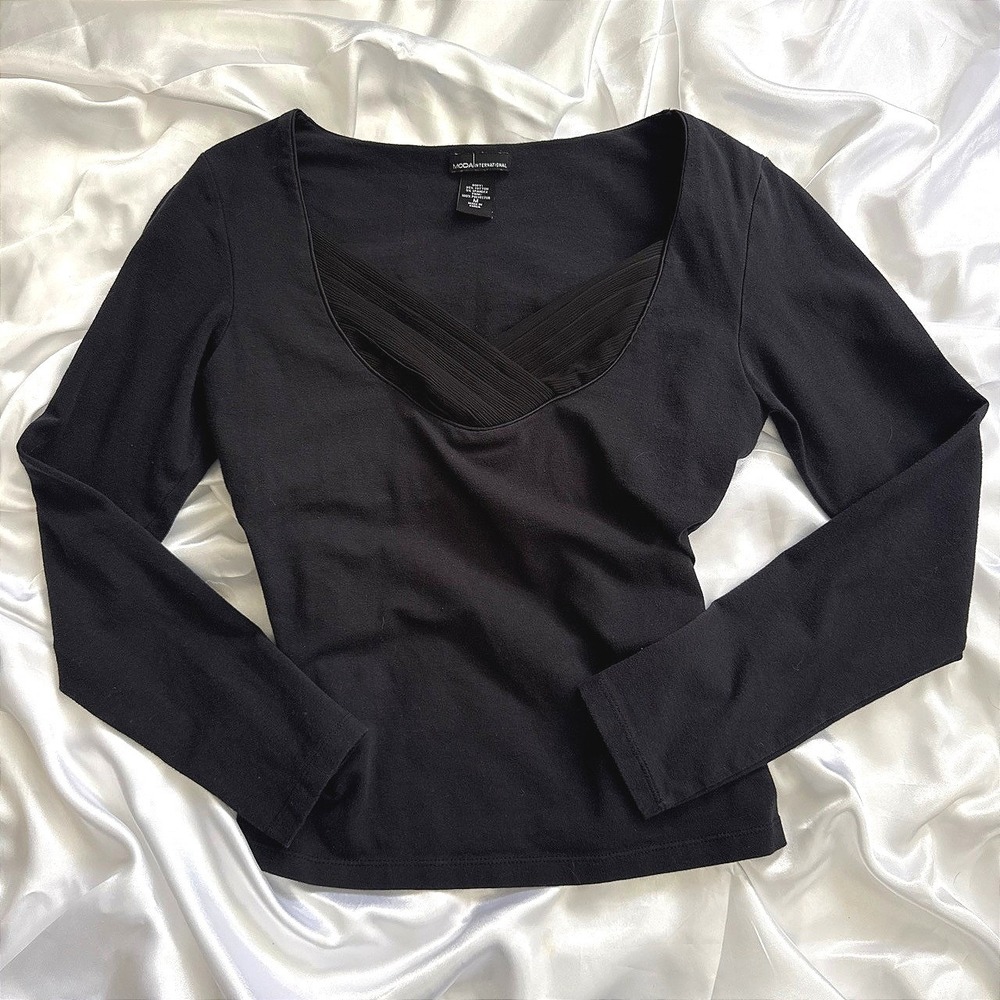 Moda International Black Long Sleeve Top Pleated Crossover Mesh Inset Womens M